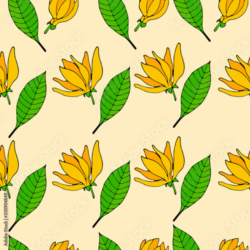 Seamless with Ylang-ylang. Exotic vector blossom flowers pattern. 