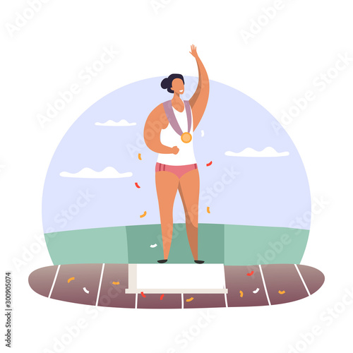 Woman at podium with gold medal. Sport winner