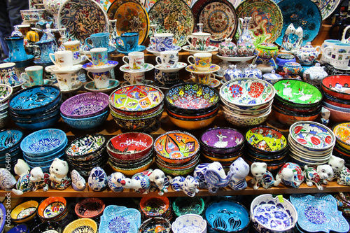 Colorful turkish tile plates, cups and bric-a-brac in the souvenir shop