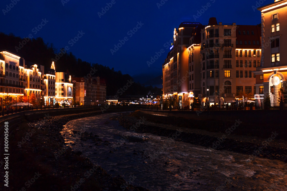 RUSSIA, Sochi - October 31, 2019: Ski resort in the Rosa Khutor mountains in the evening.