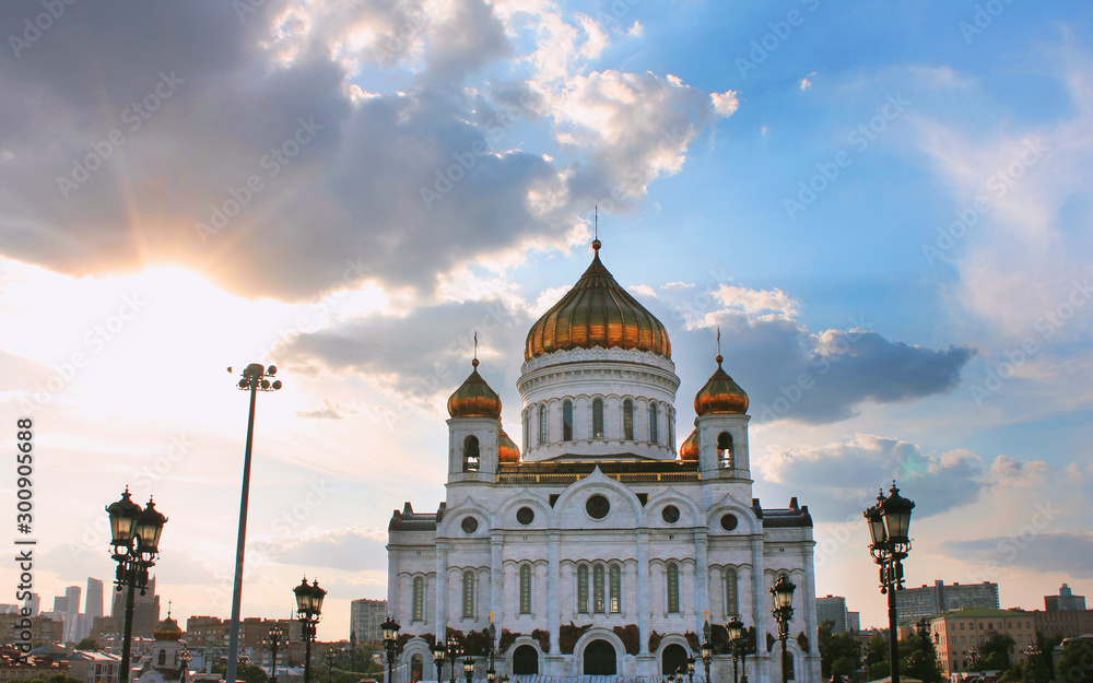 Cathedral of Christ the Saviour panoramic summer day view in Moscow, Russia. Majestic church view on colorful city skyline 