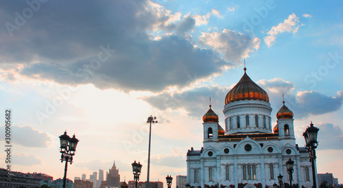 Cathedral of Christ the Saviour in Moscow, Russia. Russian orthodox cathedral with sunset sky scenic background 