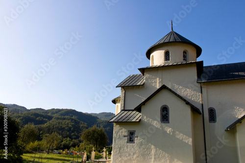 Church in an old monastery against the blue sky in Montenegro.