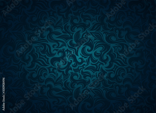 damask vintage dark cyan, blue background with floral elements in Gothic, Baroque style. Royal texture, vector Eps 10