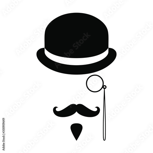Person graphic icon. Man with moustaches, beard, monocle and bowler hat. Graphic sign isolated on white background. Vector illustration