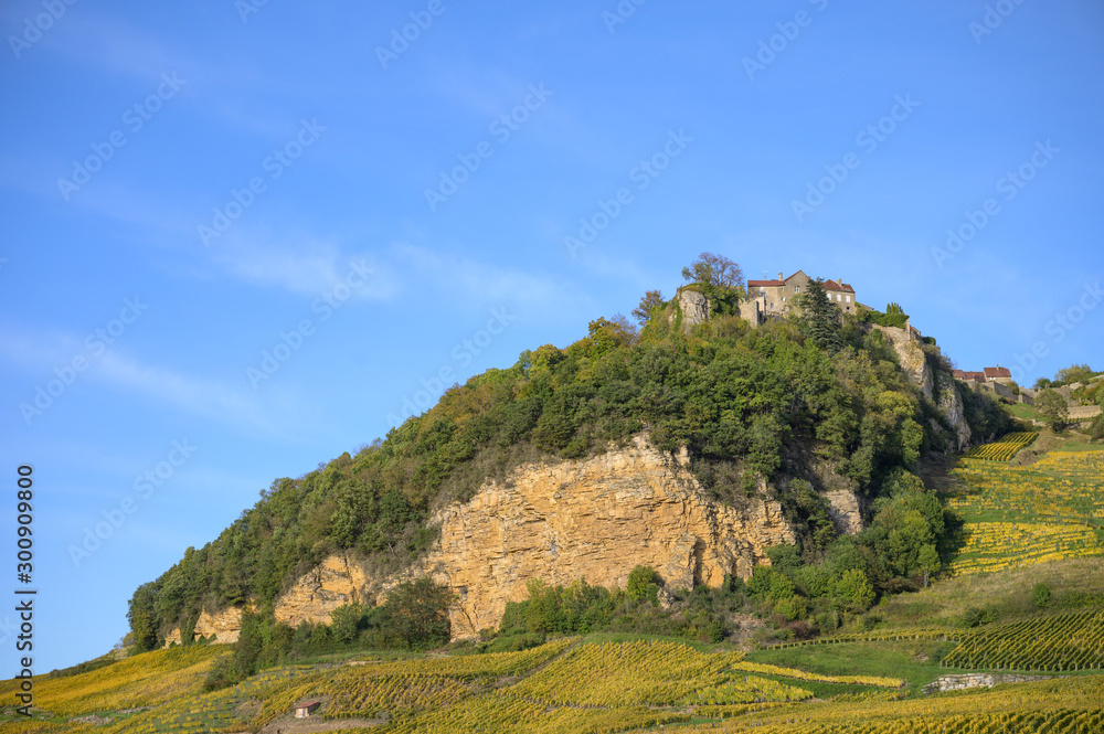 The village of Chateau Chalon high above the vineyards in the  departement of Jura, Franche-Comte, France