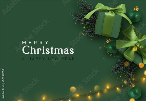 Holiday background Merry Christmas and Happy New Year. Xmas design with realistic festive objects, dark green color gift box, balls, light lamps garlands, glitter gold confetti. Festive banner, poster