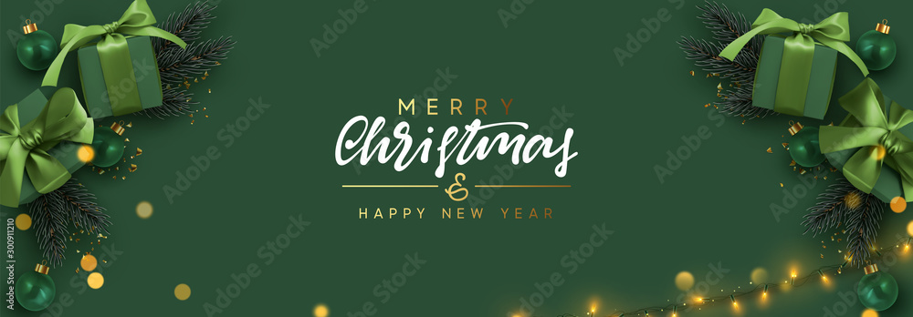 Holiday banner Merry Christmas and Happy New Year. Xmas design with realistic objects, realistic dark green color gift box, balls, light lamps garland, glitter gold confetti. Festive horizontal poster - obrazy, fototapety, plakaty 