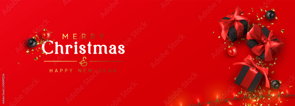 Holiday banner Merry Christmas and Happy New Year. Xmas design with realistic festive objects, black gift box, red balls, light lamps garlands, glitter gold confetti. Horizontal poster, flat top view - obrazy, fototapety, plakaty 