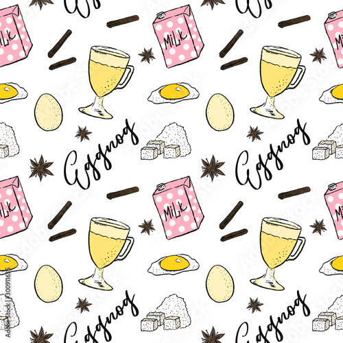 Eggnog vector pattern. Homemade eggnog. Hot beverages. Christmas celebration. Winter drinks.