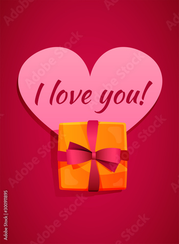 Concept illustration with gift box, heart and declaration of love
