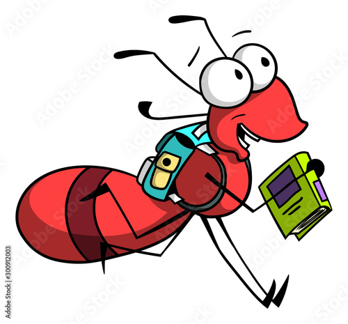 Cartoon style illustration of an ant boy running back to school with his backpack and a book in hand.