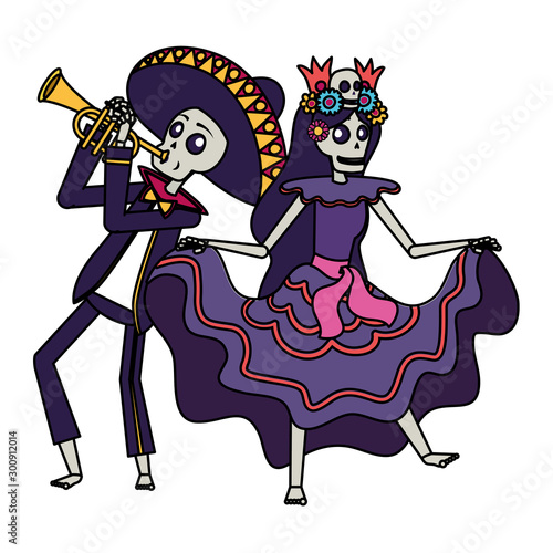 catrina and mariachi playing trumpet characters