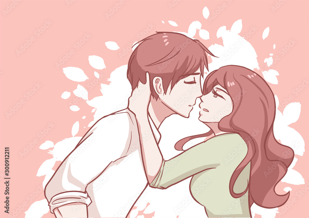 Couple kissing woman grab man neck pull down to her face romantic sweet  pastel vector illustration in concepts cute kawaii anime manga style  relationship and valentine in love vector de Stock