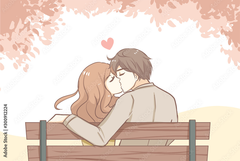 A lovely anime couple that kiss on a bench, Cartoon 