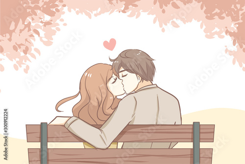 Couple sweet kissing siting on bench in park romantic scenery pastel vector illustration in concepts cute kawaii anime manga style relationship and valentine in love