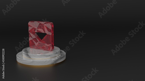 3D rendering of red gemstone symbol of caret square down icon