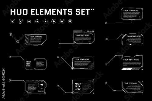 HUD digital futuristic callout title set. Call out sci fi frame bar labels. Presentation or infographic modern digital info box layout template. Interface HUD UI GUI element. Vector illustration