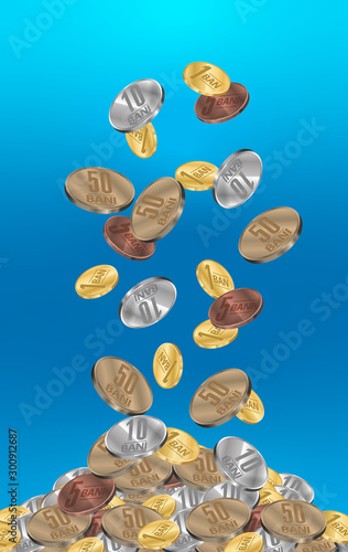 Money Prize Winner Concept Romanian Coins Raining Piling Down