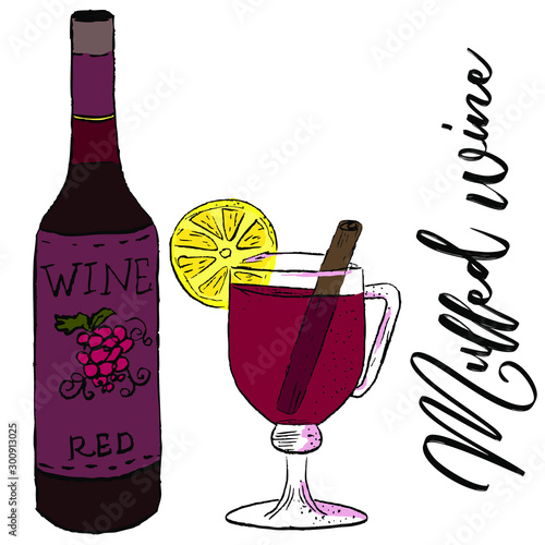 Mulled wine vector illustration. Hot beverage for cold weather, spicy drink, wine