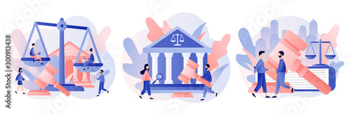 Law and Justice Concept. Justice scales, judge building and judge gavel. Supreme court. Modern flat cartoon style. Vector illustration