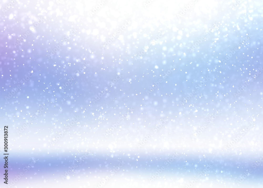 Snowfall in empty space 3d background. Abstract light winter illustration. White blue lilac blurred interactive pattern. Outdoor backdrop. Bright clean clear graphic.