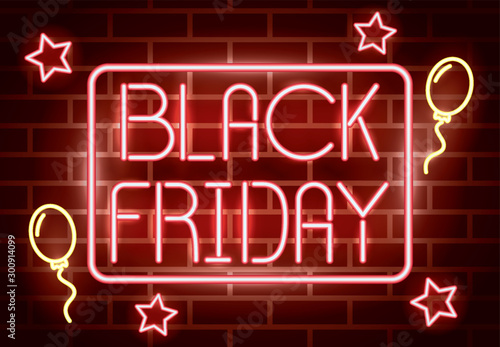black friday neon label with stars and balloons helium