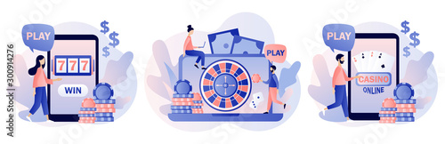 Internet Casino and Gambling Concept. Tiny people gaming online gambling games. People play online Poker, Roulette, Slot Machine. Modern flat cartoon style. Vector illustration