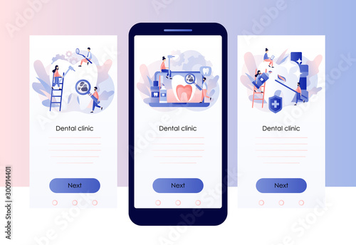 Dental clinic concept. Stomatology and orthodontics medical center. Teeth treatment, protect and cleaning teeth. Screen template for mobile smart phone. Modern flat cartoon style. Vector illustration