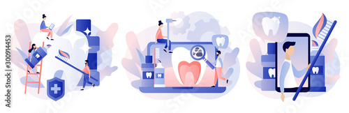 Dental clinic concept. Stomatology and orthodontics medical center. Dental care. Teeth treatment, protect and cleaning teeth. Modern flat cartoon style. Vector illustration