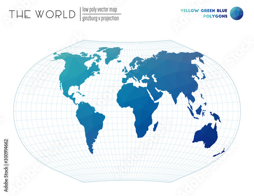 Abstract world map. Ginzburg V projection of the world. Yellow Green Blue colored polygons. Amazing vector illustration.