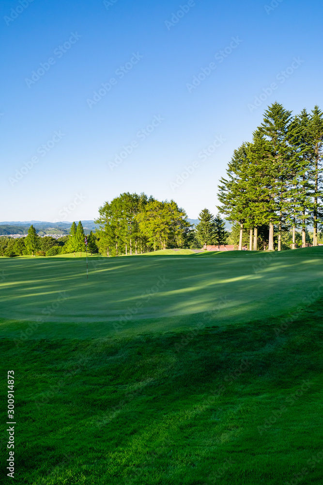 View of Golf Course with beautiful putting green. Golf course with a rich green turf beautiful scenery.	