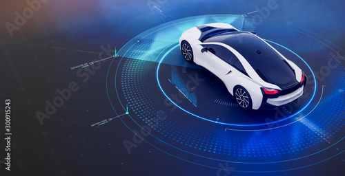 Futuristic car with technology user interface concept scene (3D Illustration)