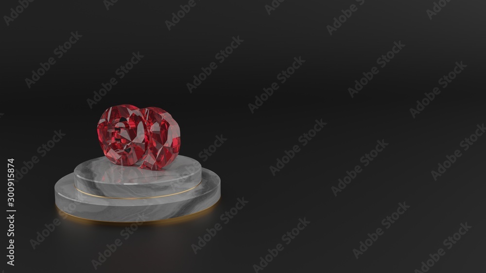 3D rendering of red gemstone symbol of euro icon 3D rendering of red gemstone symbol of euro icon
