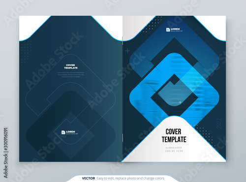 Blue Brochure Design. A4 Cover Template for Brochure, Report, Catalog, Magazine. Brochure Layout with Bright Color Shapes and Abstract Photo on Background. Modern Brochure concept