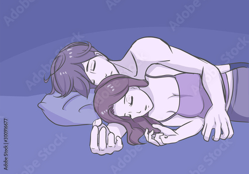 sweet couple cuddling sleeping in bed at night in side view relax position  romantic warm touching felling vector illustration in anime cartoon style  Stock Vector | Adobe Stock