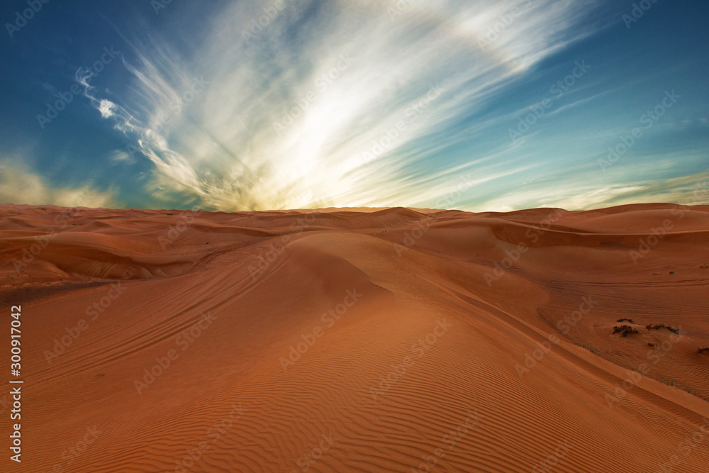 Sand desert natural landscape, sunset sky dramatic view.