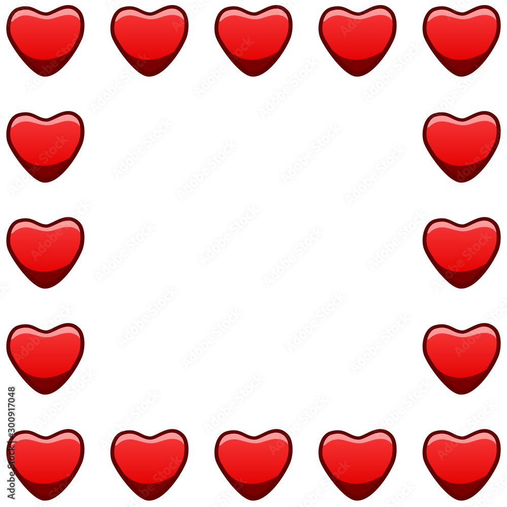 Square frame with red hearts on white background