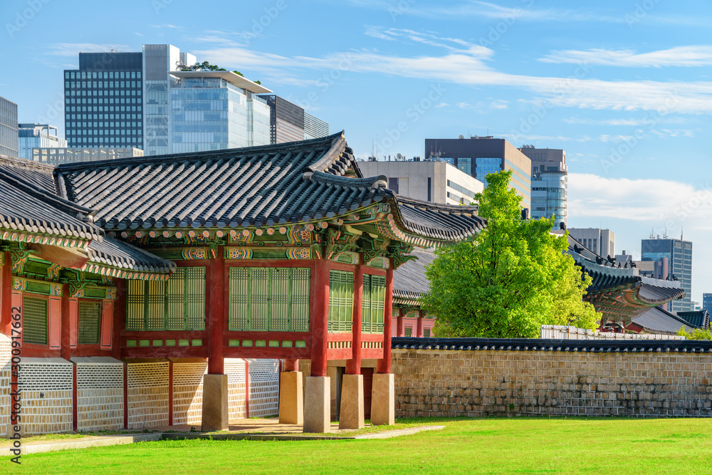 Awesome view of colorful building and courtyard, Gyeongbokgung Awesome view of colorful building and courtyard, Gyeongbokgung