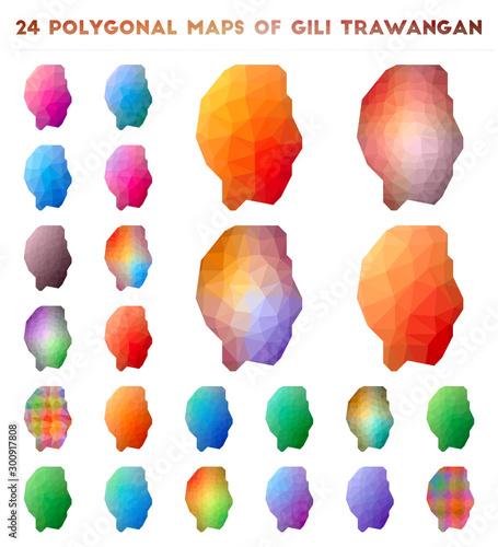 Set of vector polygonal maps of Gili Trawangan. Bright gradient map of island in low poly style. Multicolored Gili Trawangan map in geometric style for your infographics.