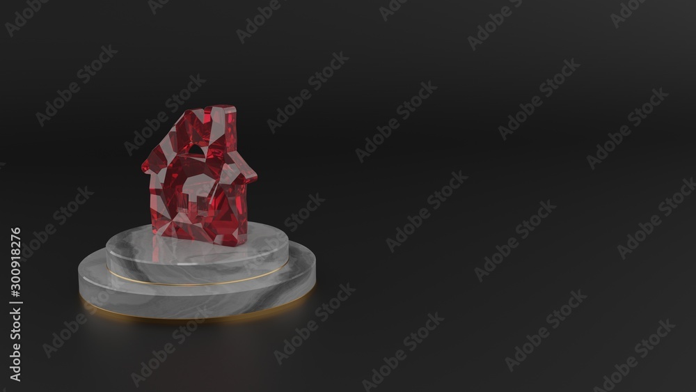 3D rendering of red gemstone symbol of house icon 3D rendering of red gemstone symbol of house icon