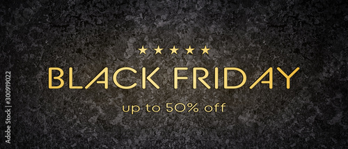 Black Friday Sale. Horizontal banner with golden shiny text.