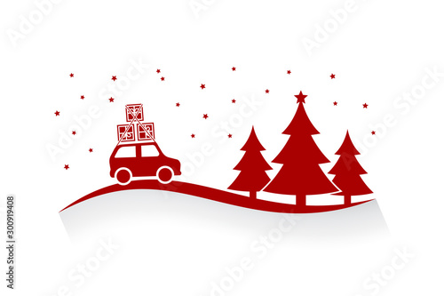 Christmas time driving in the snowfall. Flat design vector illustration of a car with presents going on a trip in christmas eve.