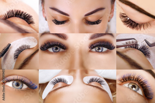Eyelash extension procedure. Beautiful Woman with long lashes in a beauty salon. Collage.