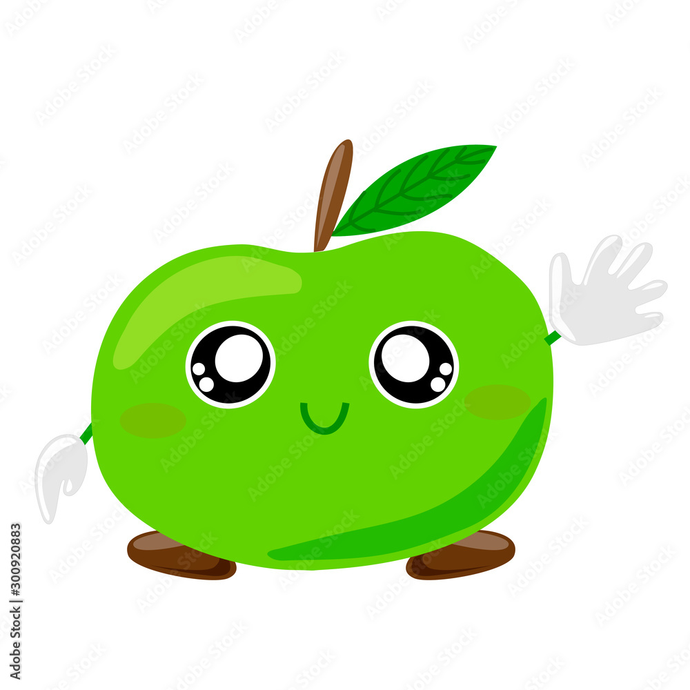 Fruit characters. Smiling cute Green Apple Cartoon Character Waving For  Greeting . Vector Stock Vector | Adobe Stock