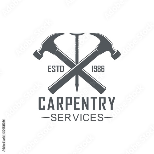 Black and white illustration logo of a workshop of carpentry. Vector illustration, hammer, nail and text carpentry services on a white background.