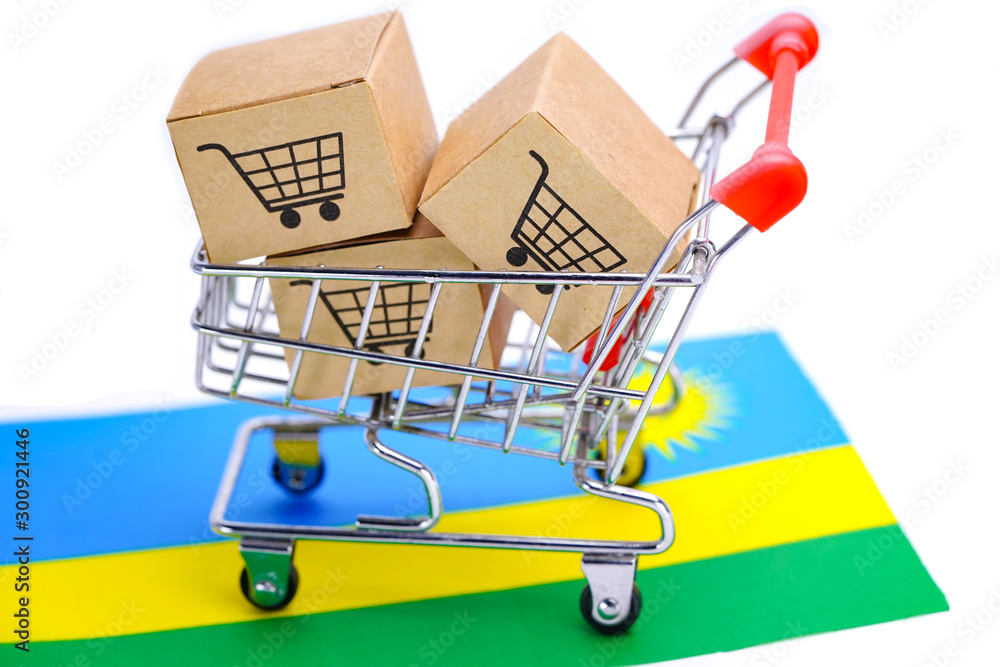 Box with shopping cart logo and Rwanda flag : Import Export Shopping online or eCommerce finance delivery service store product shipping, trade, supplier concept..
