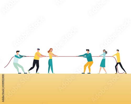Business competition vector concept with teams in tug of war pulling rope. Symbol of competitive fight, struggle, challenge for leadership. Eps10 illustration