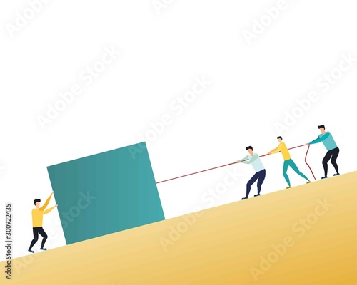 Business teamwork and leader vector concept with businessmen and women pulling cube uphill. Symbol of leadership, motivation, ambition, team effort, growtha and success. Eps10 illustration.