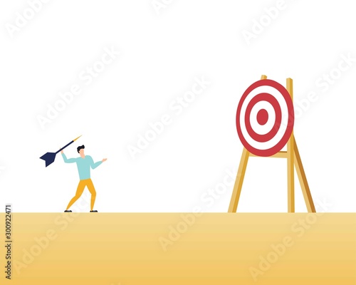 Business objective and strategy vector concept. Businesswoman throwing dart at target. Symbol of business goals, aims, mission, opportunity and challenge. Eps10 vector illustration.